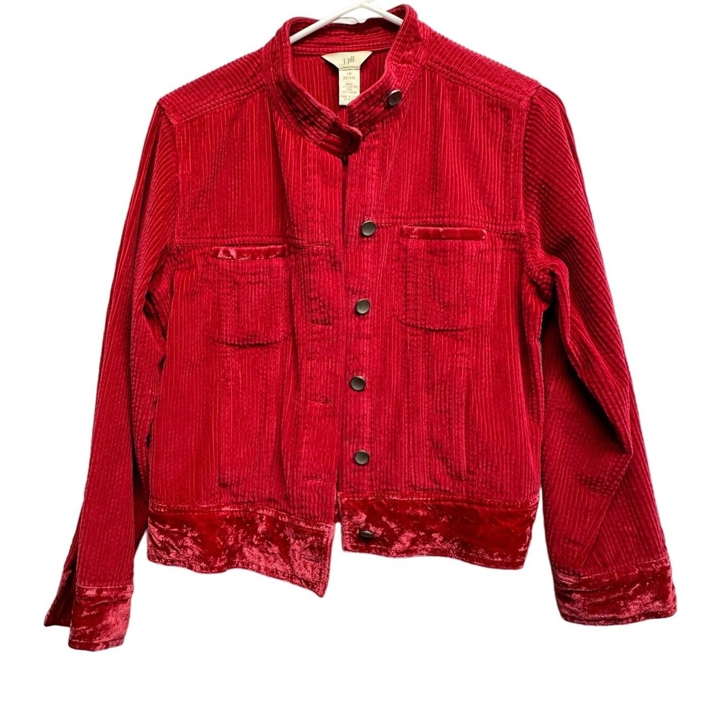 J. Jill Red Corduroy‎ Jacket Velvet Trim Button Front Mock Neck Womens SP Petite